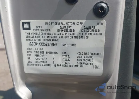 2005 Chevrolet Silverado 1500 Work Truck from USA, damaged, VIN 1GCEK14XX5Z173086